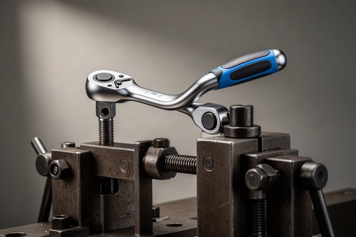 Heavy-duty ratchet under load on a workshop press fixture