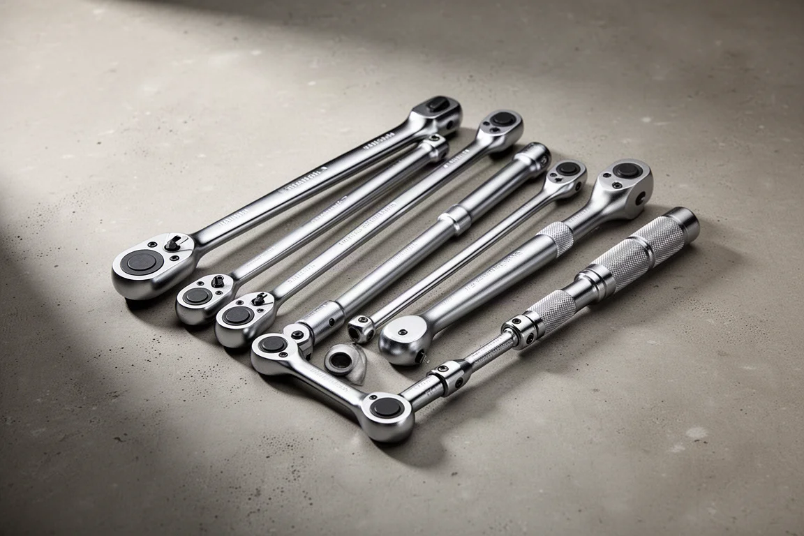 Row of 1/2-inch drive ratchets on a concrete workshop surface