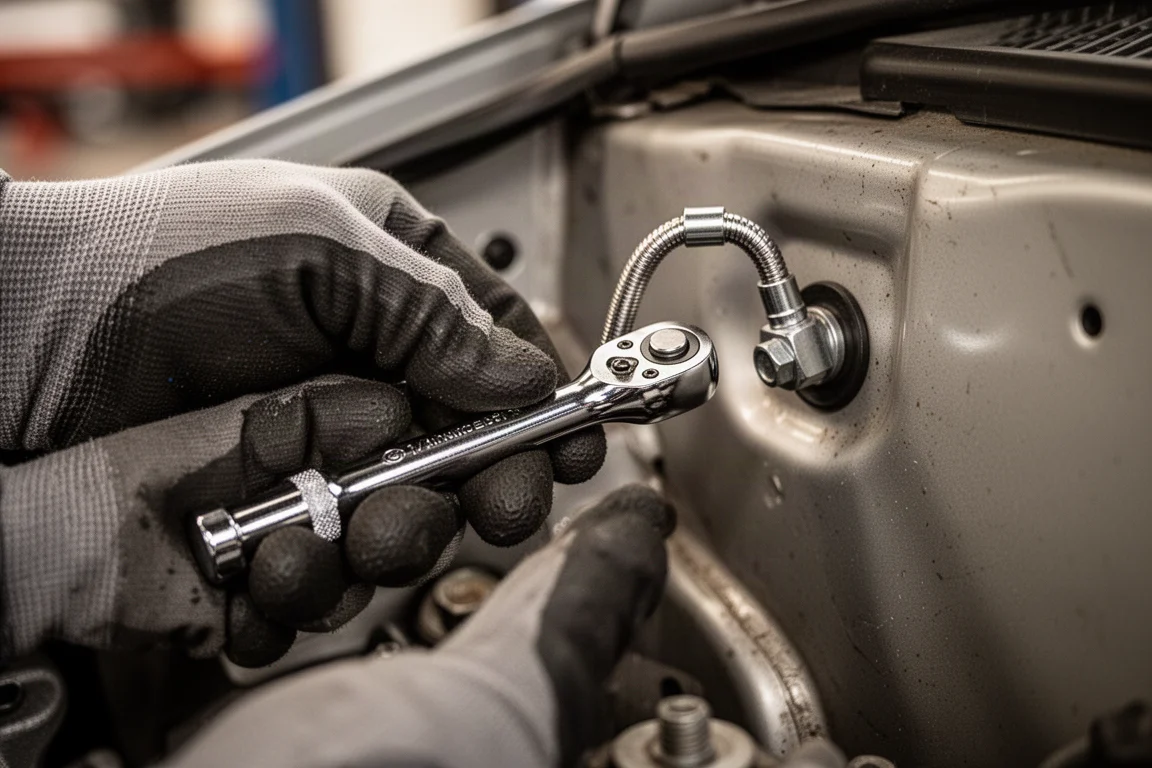 Mekaniker använder en kompakt 1/4-tums nyckel på en bult i ett trångt motorrum