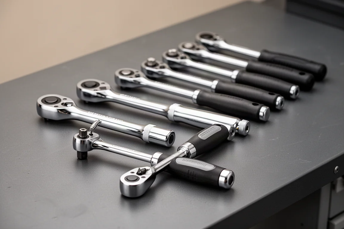 Row of chrome 1/4-inch ratchets arranged on a dark grey workbench