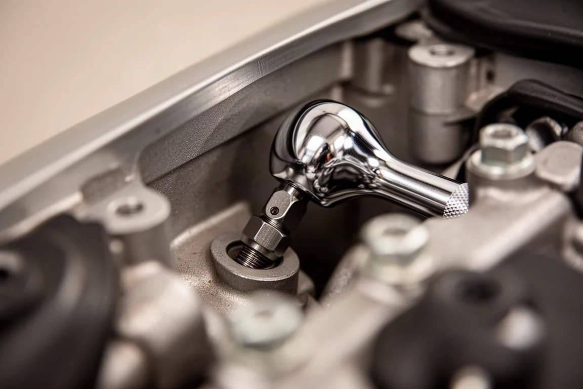 Close-up of a 1/4-inch ratchet head spinning a fastener in a confined engine bay space