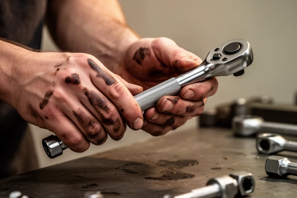 Mechanic's hands gripping a slim ratchet handle with greasy fingers under workshop lighting