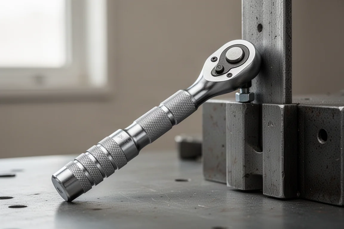 Flex-head ratchet angled at 45 degrees reaching a fastener behind an obstruction