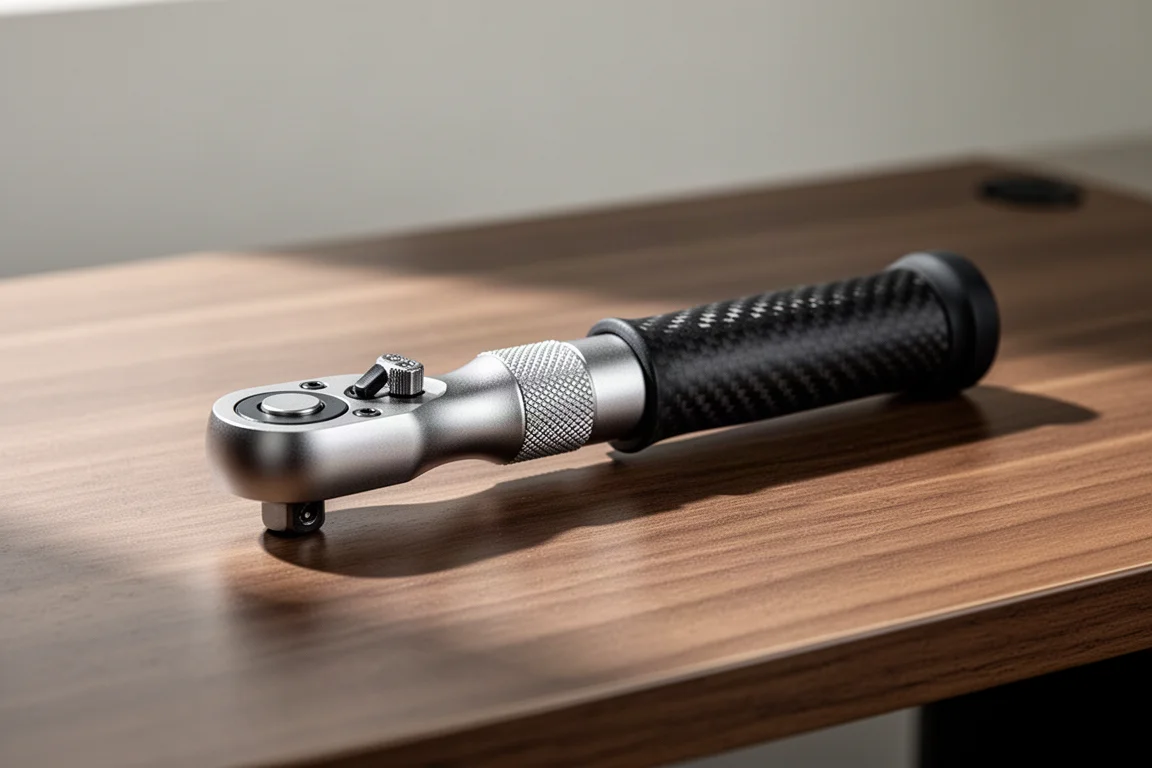 Lightweight ratchet with carbon fiber handle and titanium body resting on a wooden desk