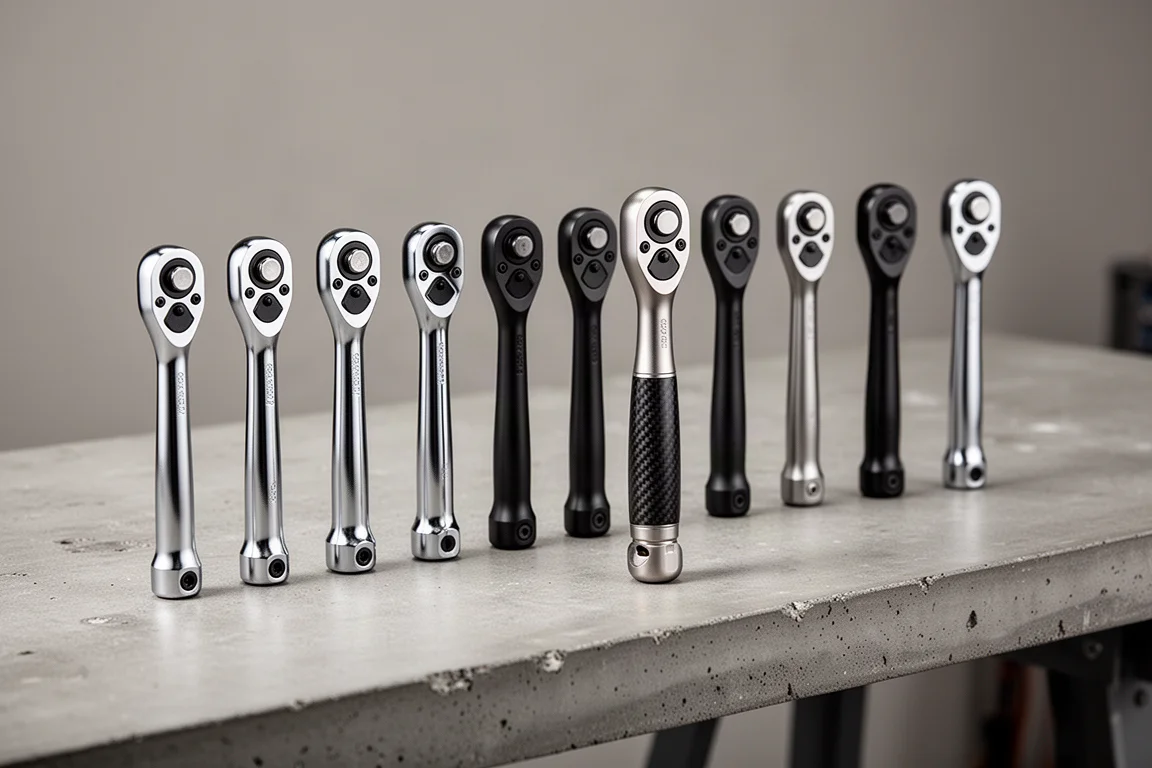 Row of eight compact 1/4-inch ratchets on a concrete workbench