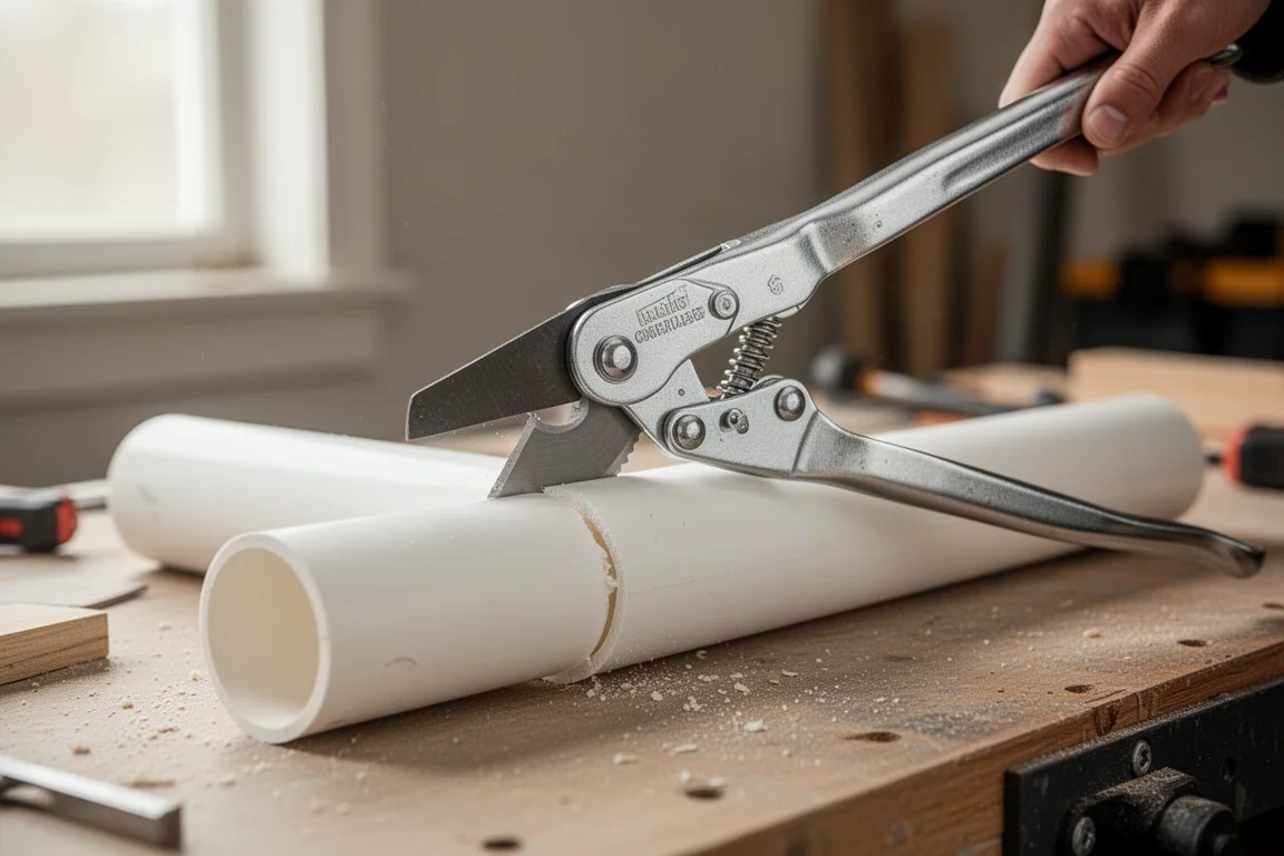 Ratcheting PVC cutter cutting through a length of white PVC pipe