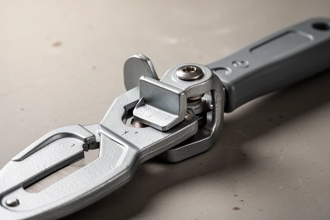Close-up of a thumb latch mechanism on a PVC cutter handle