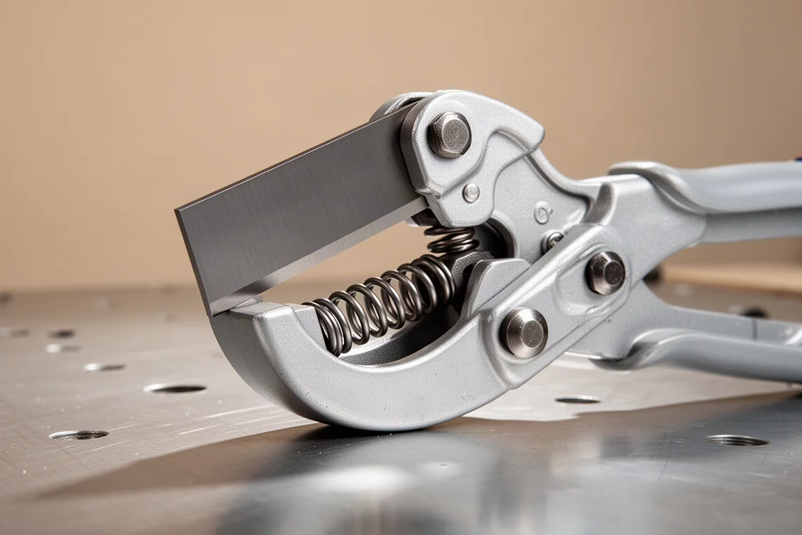 Flat ground blade of a ratcheting PVC cutter held in open position