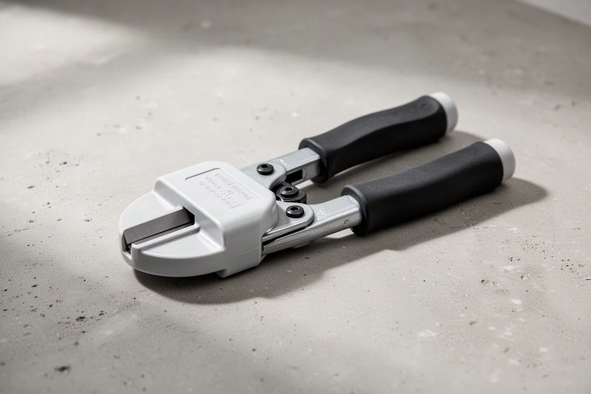 PVC cutter with blade protected by housing in closed position