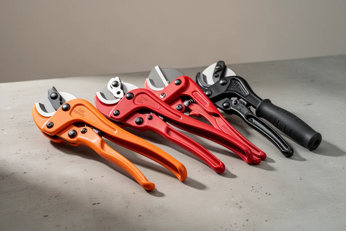 Four ratcheting PVC pipe cutters lined up on a concrete surface