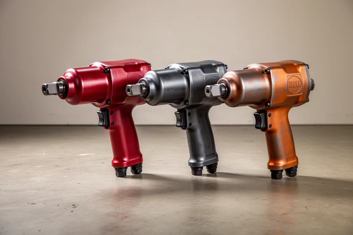 Three 1-inch drive air impact wrenches arranged side by side on a concrete workshop floor
