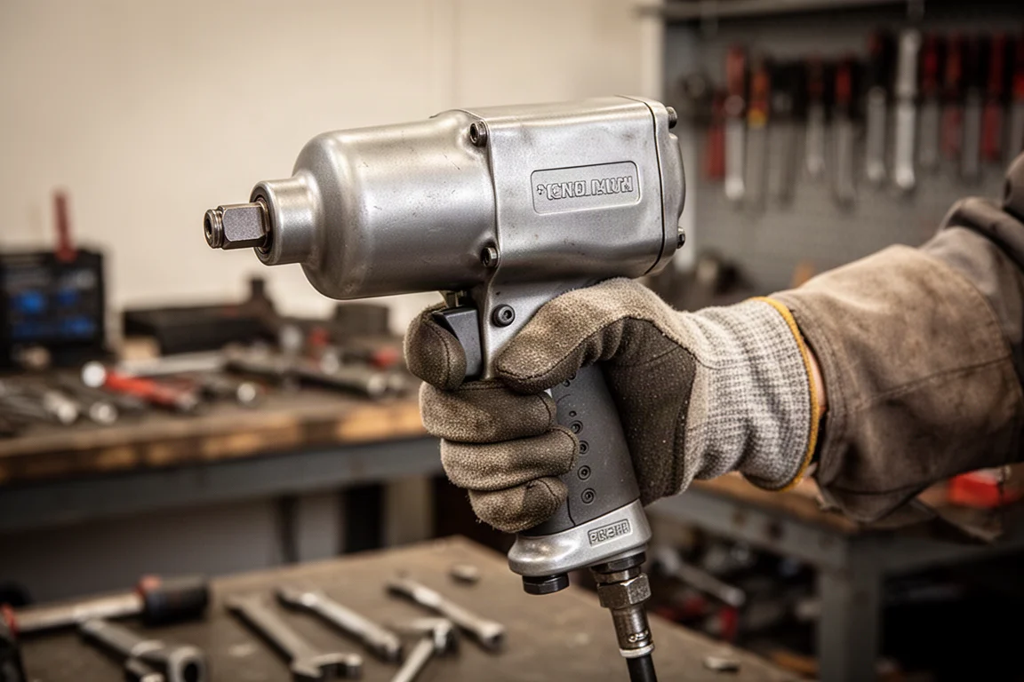 Hand eines Mechanikers mit Handschuh, die einen großen Pistolen-Schlagschrauber in einer Werkstatt greift