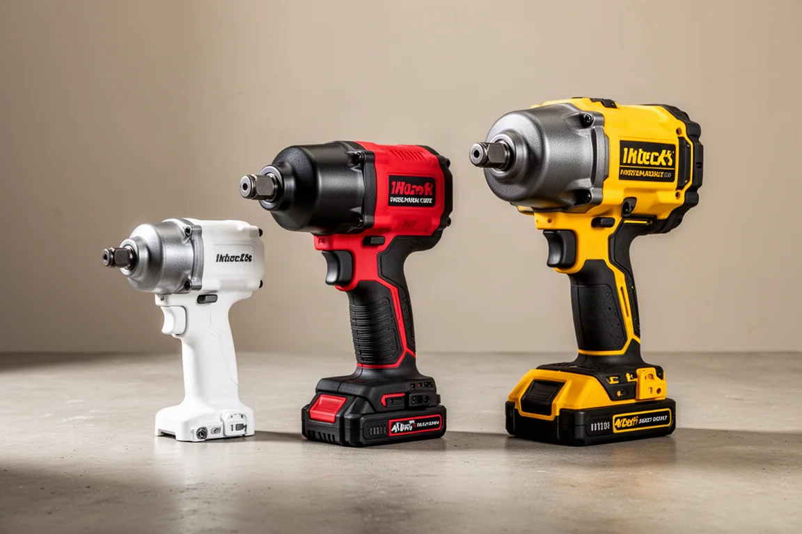 콘크리트 바닥에 놓인 Central Pneumatic, Earthquake, Caterpillar의 1인치 피스톨 임팩트 렌치 세 개