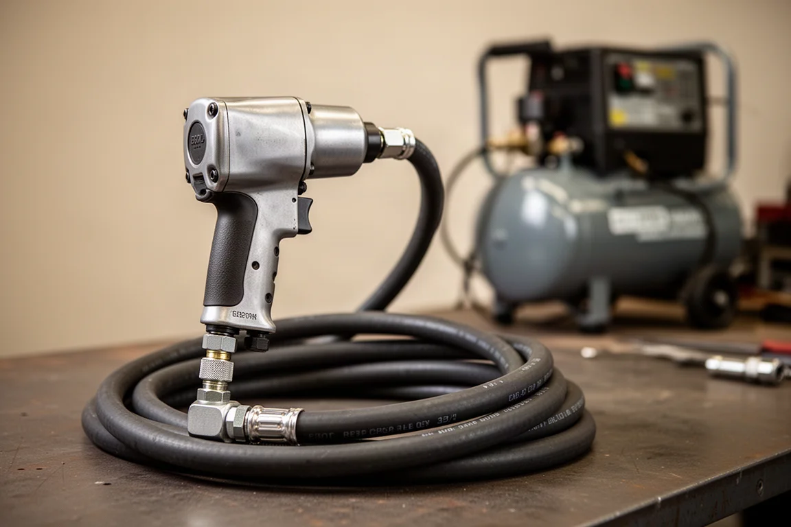 Tubo del compressore collegato a una chiave impatto pneumatica in un'officina