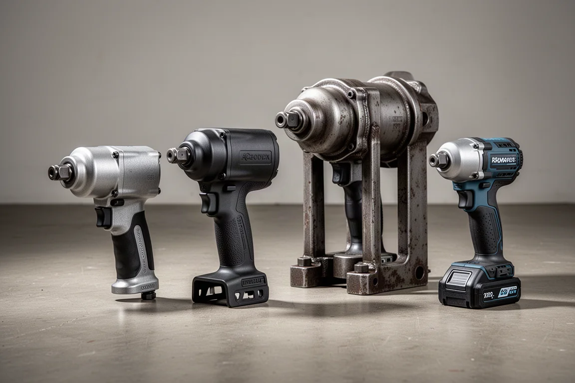 Four pistol-grip impact wrenches lined up on a concrete workshop floor