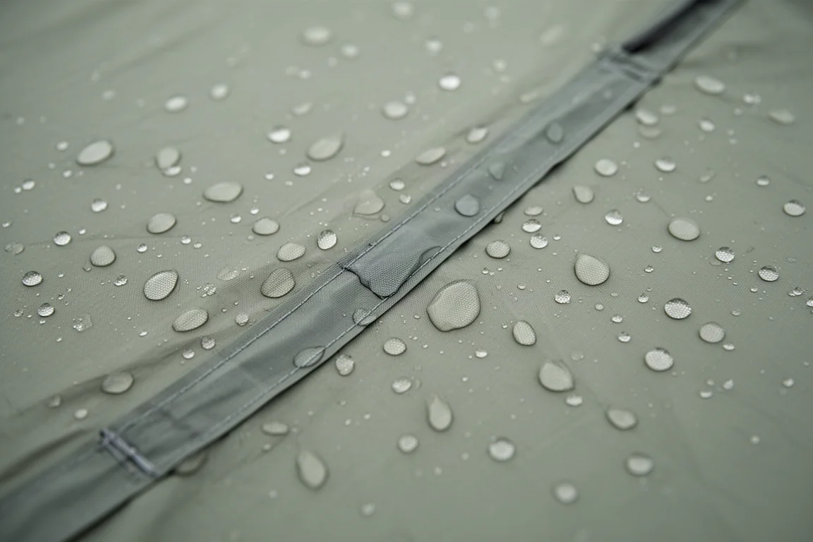 Gotas de chuva acumuladas na parede esticada da barraca ao lado do detalhe de costura selada