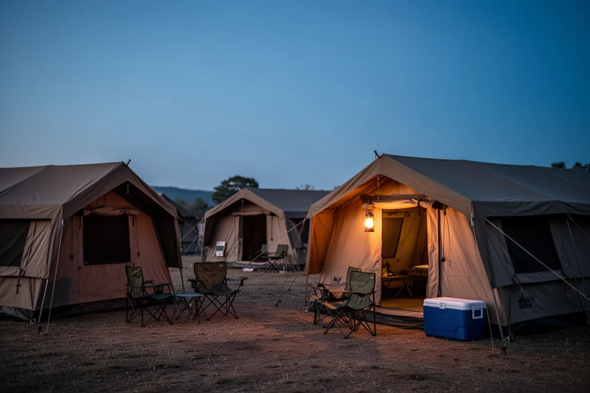 Acampamento ao anoitecer com várias barracas grandes e um brilho quente de lanterna lá dentro