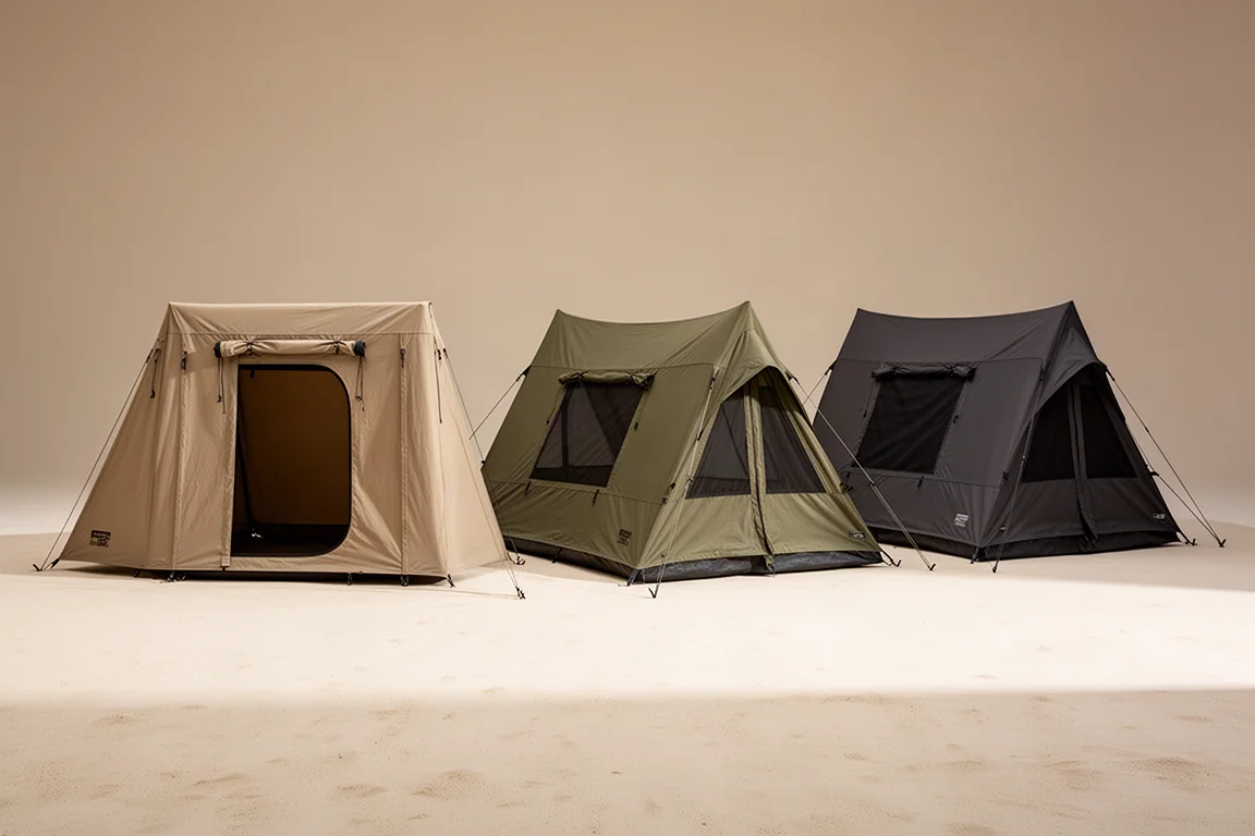 Three large ten-person cabin tents arranged in a row on a neutral studio backdrop
