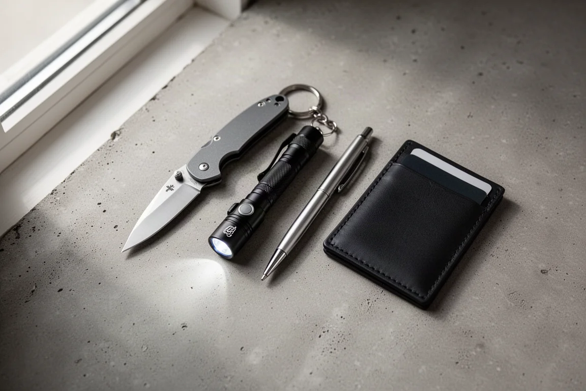 Flat-lay of budget everyday carry items on a concrete desk