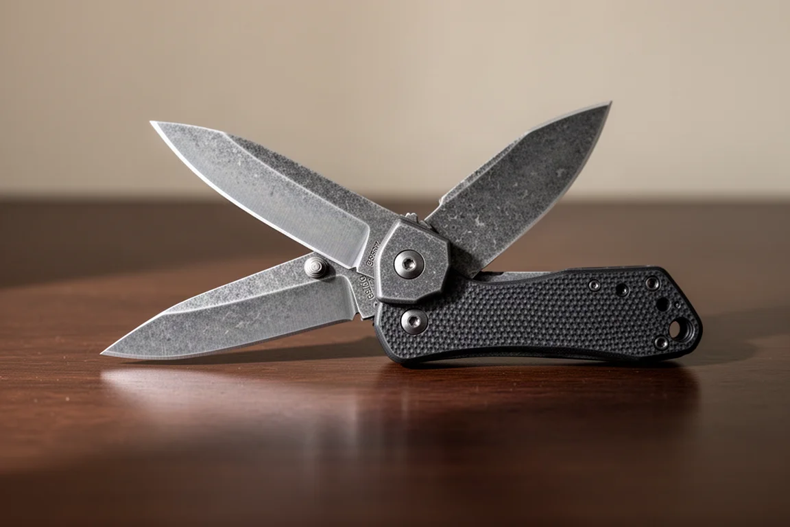 Compact folding pocket knife open on a dark desk surface
