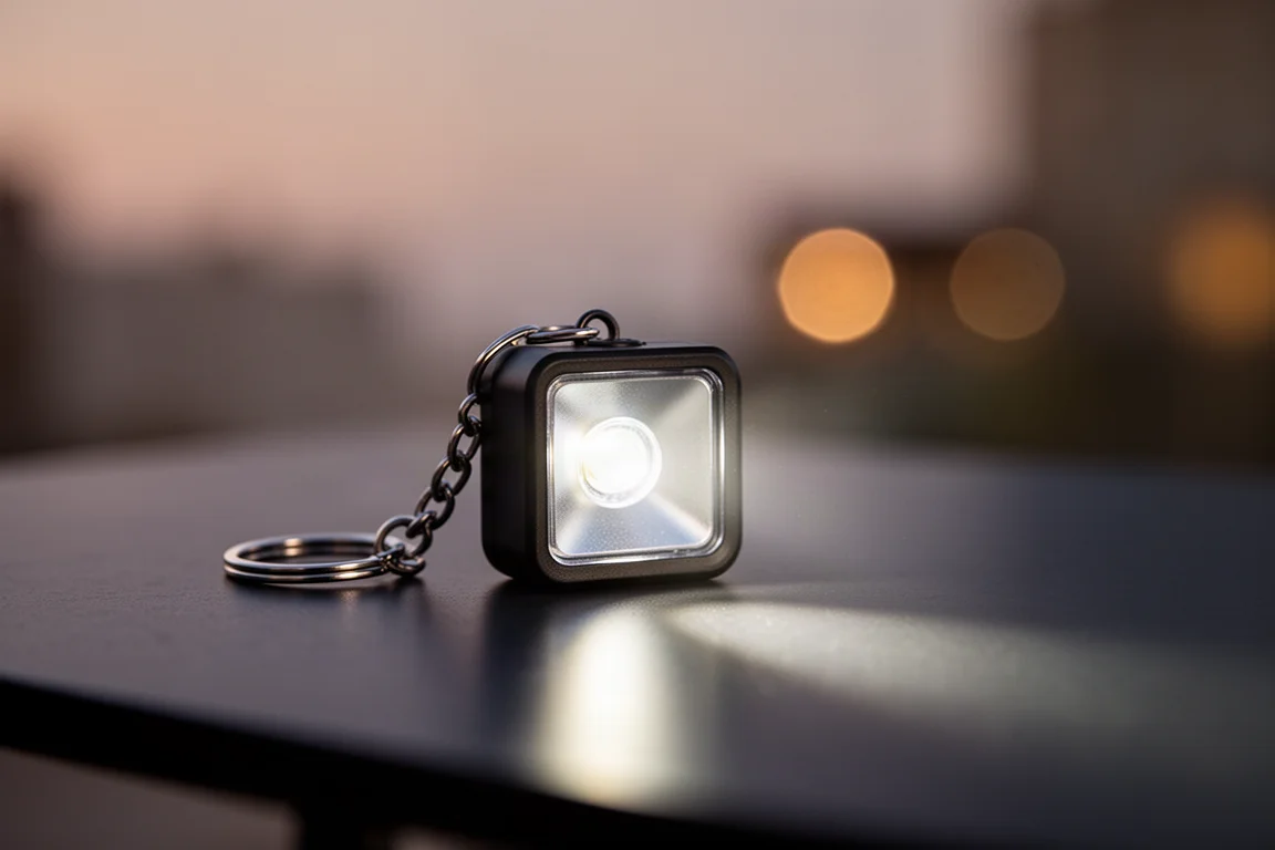 Small square keychain flashlight casting warm light at dusk