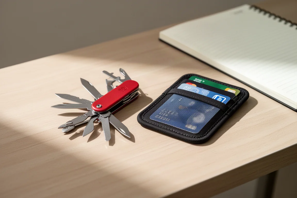 Slim multi-tool pocket knife and simple elastic card wallet on a desk