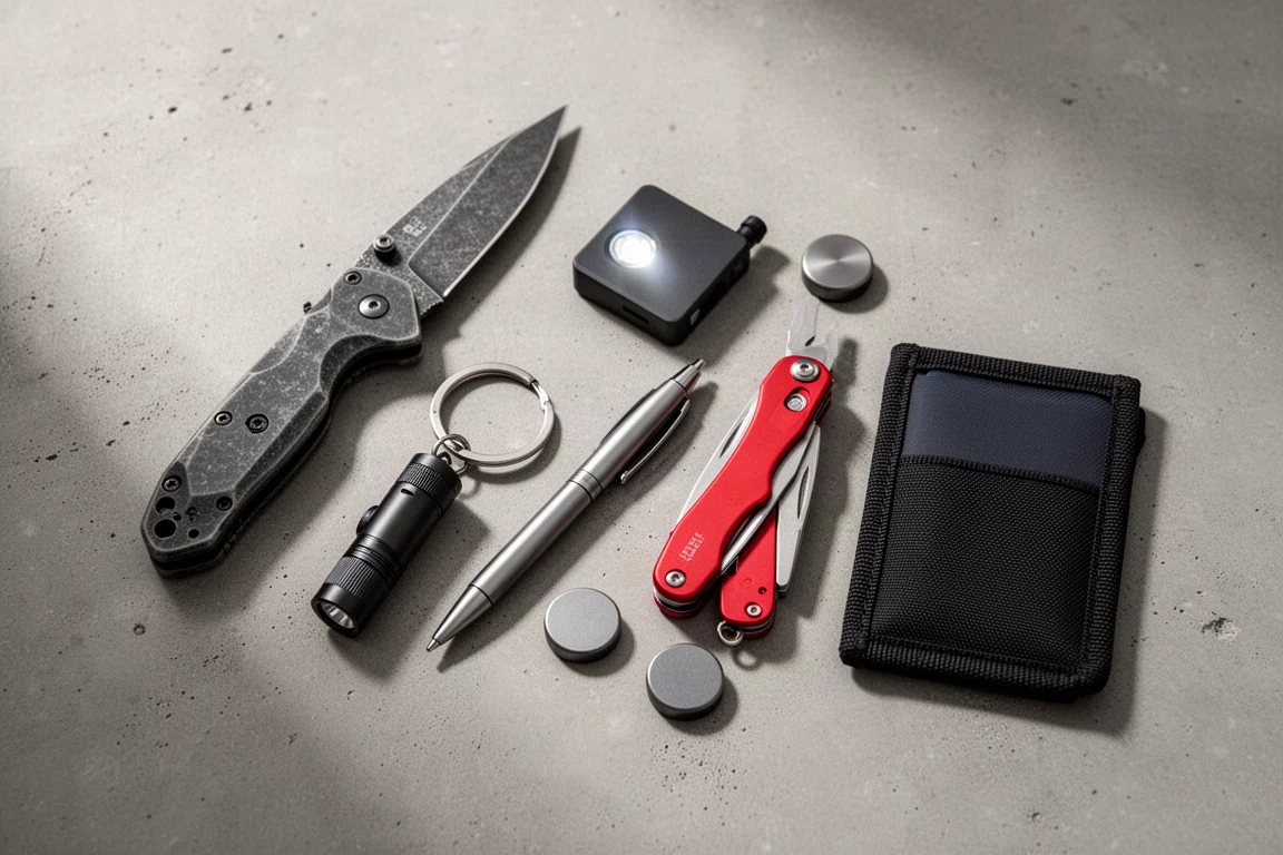 Six budget everyday carry items laid out on a concrete surface