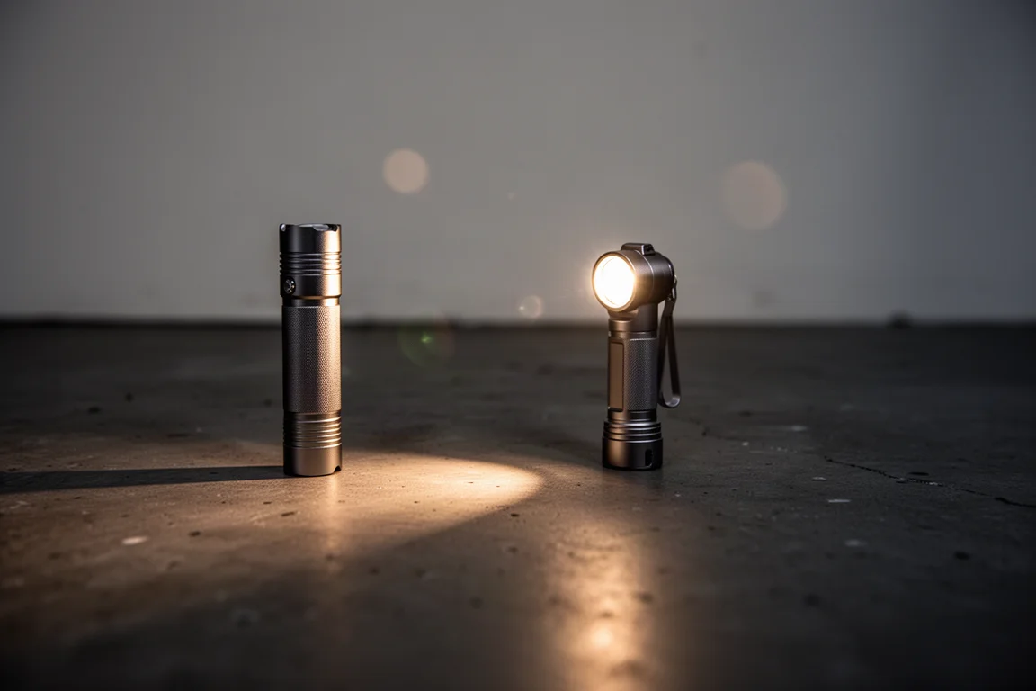 Kompakt AA-ficklampa som kastar ett fokuserat ljus på en mörk yta