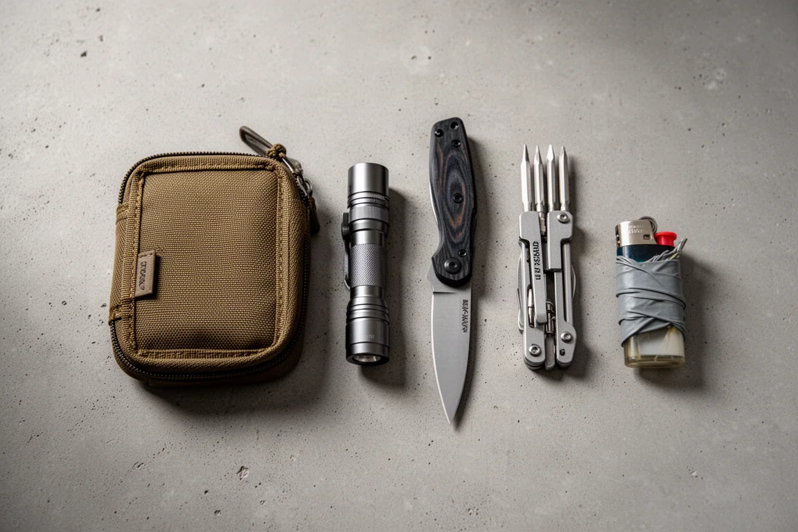 Flat-lay of budget everyday carry items including wallet, flashlight, knife, sharpener, and mini lighter