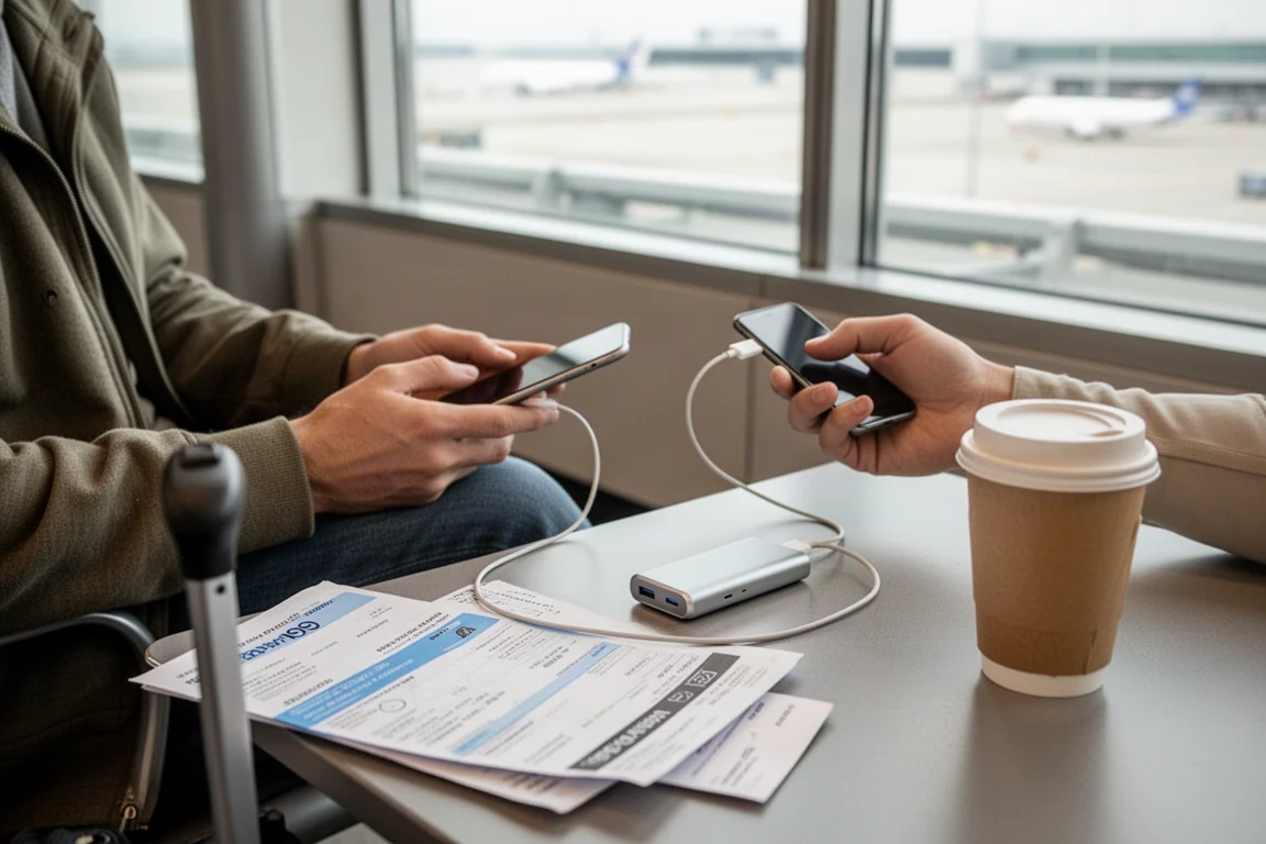 Traveller charging a phone from a power bank at an airport departure gate
