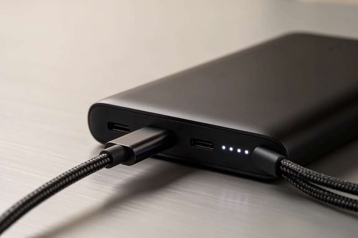 Close-up of a USB-C port with a cable plugged into a slim power bank