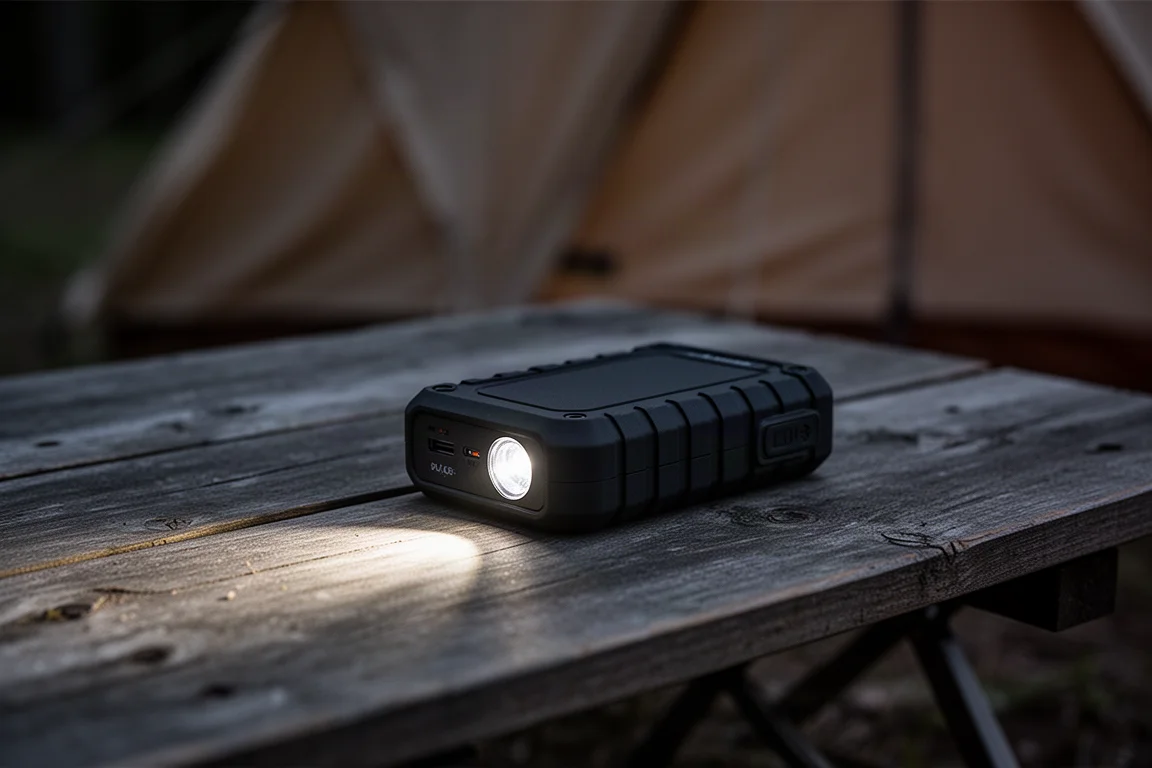 Rugged rubberized power bank with a flashlight beam glowing in low light