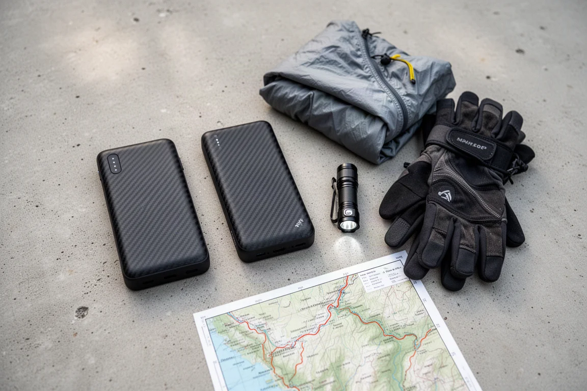 Hiker's backpack contents laid out with a compact carbon-fibre power bank
