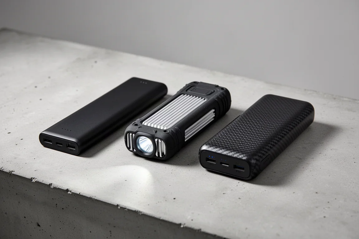 Drei Powerbanks nebeneinander auf matten Betonflächen