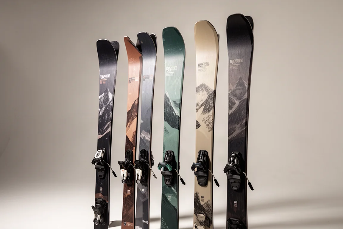 Rangée de skis freeride twin tip dressés verticalement sur fond neutre