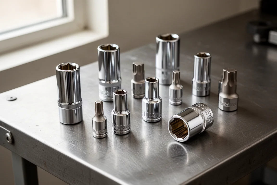 Assorted chrome sockets of varying depths arranged on a steel workbench