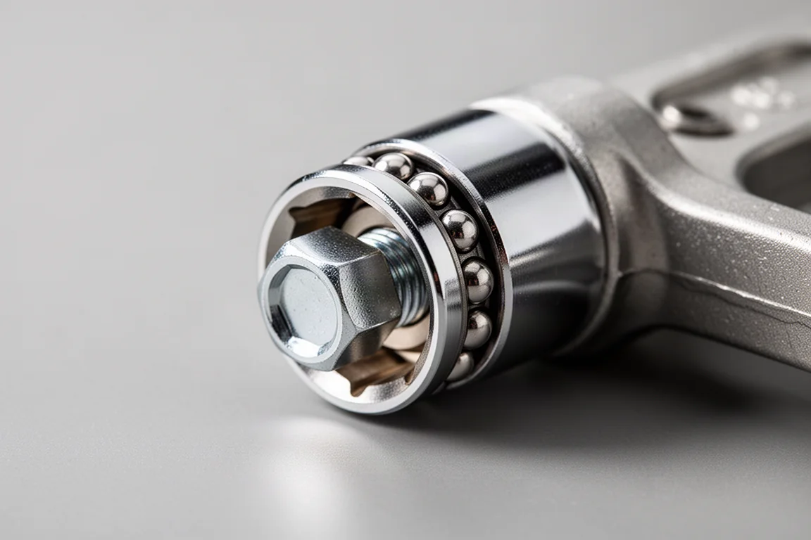 Close-up of a shallow chrome socket holding a fastener with visible retention mechanism