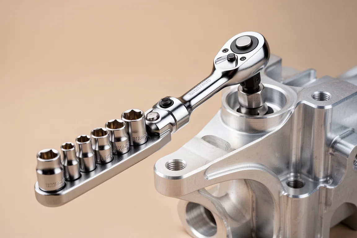 Extra-deep socket on a ratchet reaching a bolt in a confined space