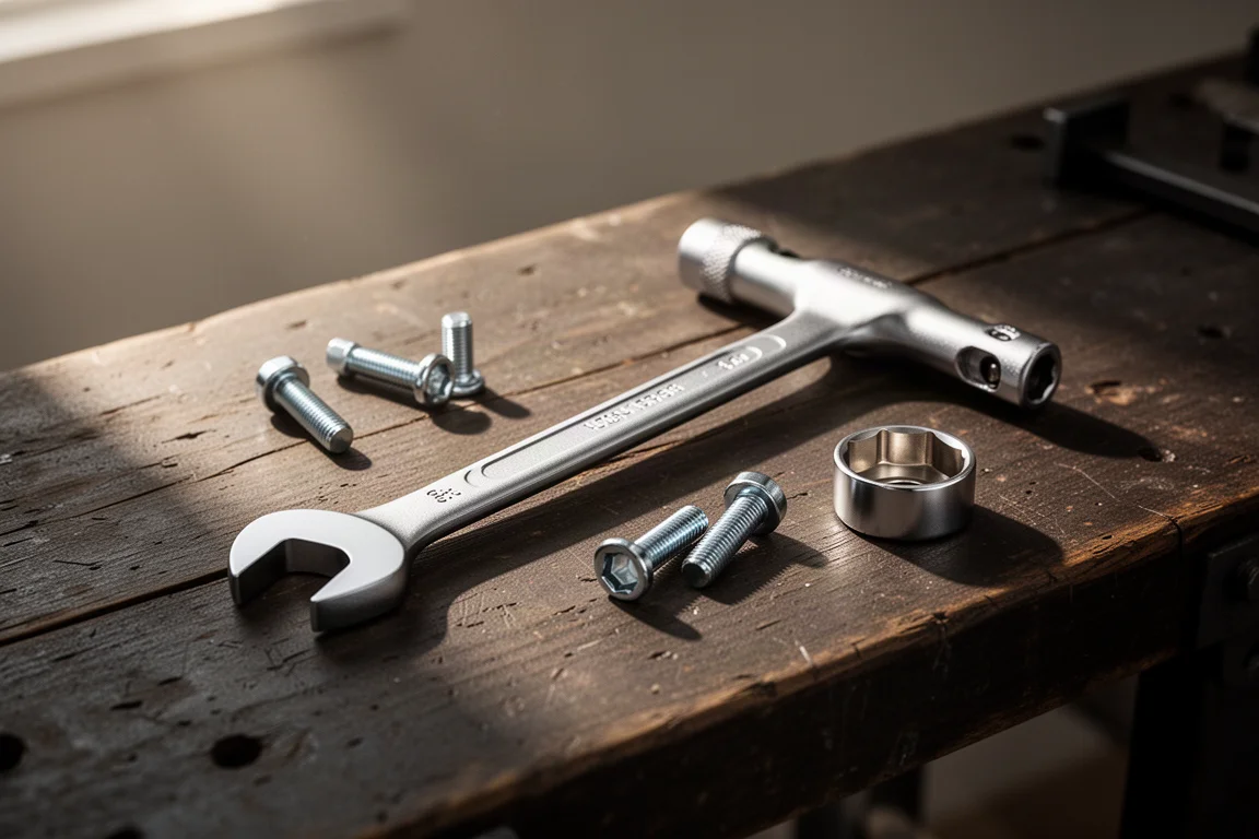 T-handle ratcheting wrench resting on a workshop bench beside loose bolts