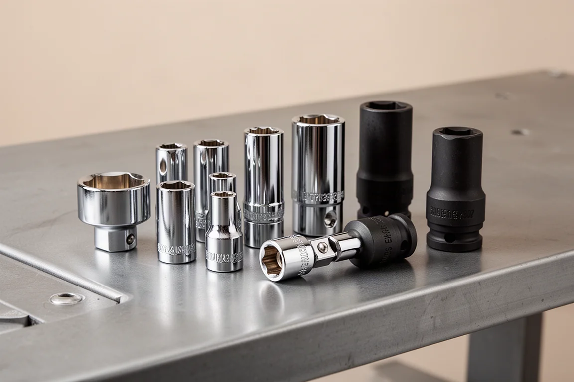 Assorted 10mm sockets of varying depths and drive sizes on a steel workbench