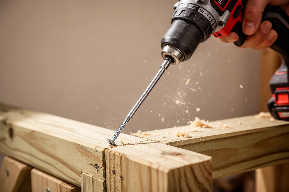 Atornillador de impacto clavando un tornillo largo en madera estructural en un taller