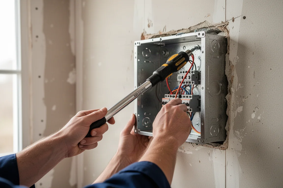 Electricista trabajando dentro de una caja eléctrica profunda con una extensión larga de atornillador