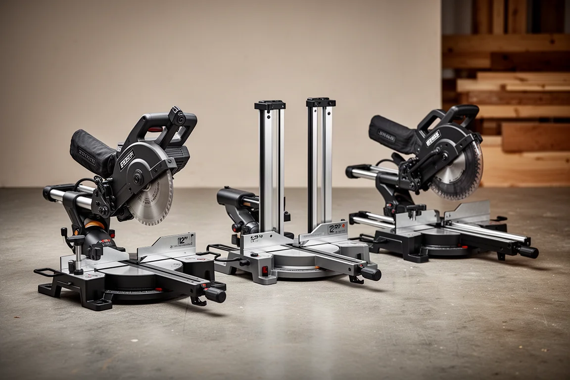 Three 12-inch sliding compound miter saws lined up on a concrete workshop floor