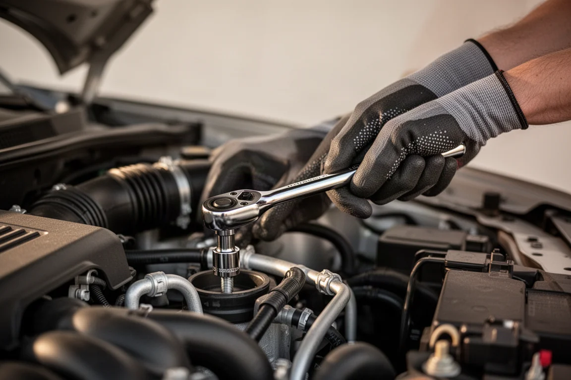 Mains d'un mécanicien utilisant une clé à rochet avec un adaptateur sur un moteur de voiture