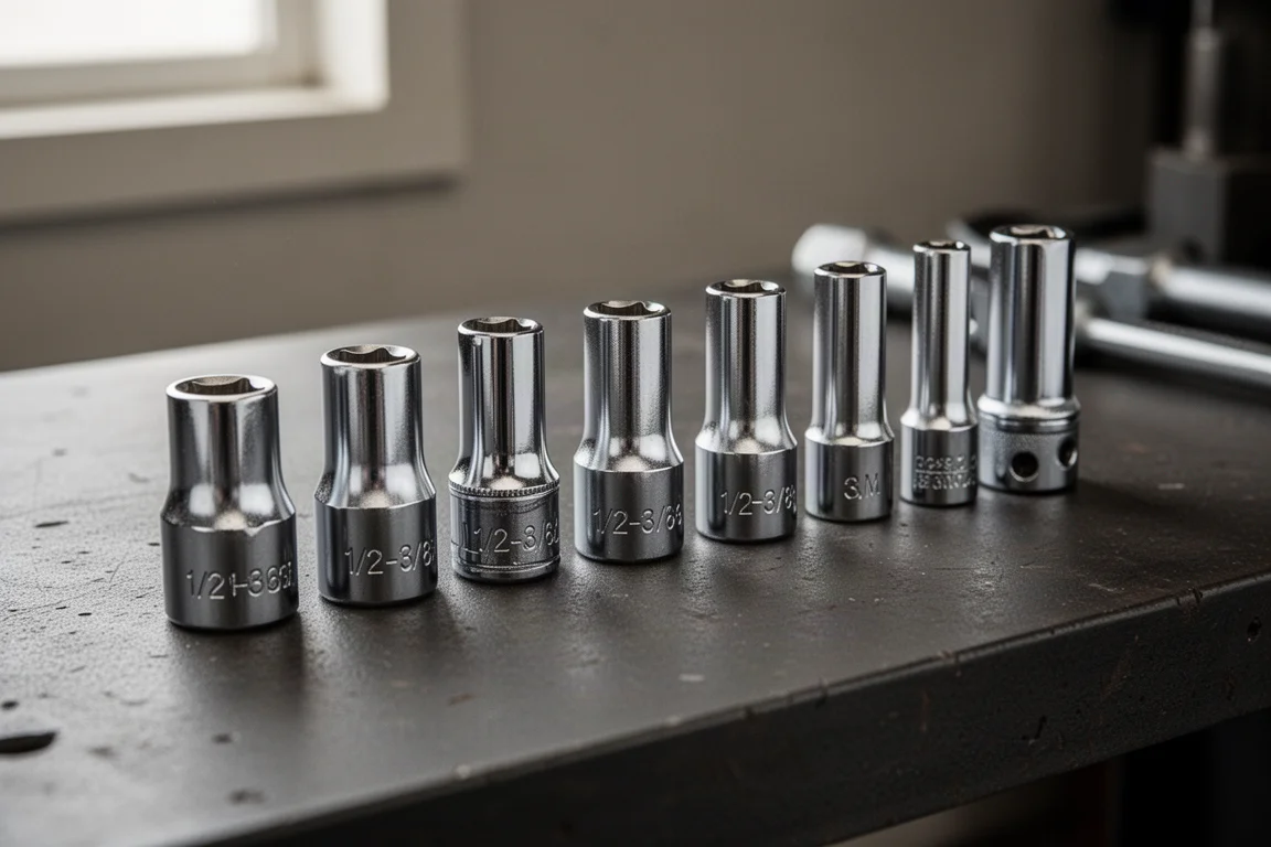 Row of chrome socket adapters lined up on a dark steel workshop bench