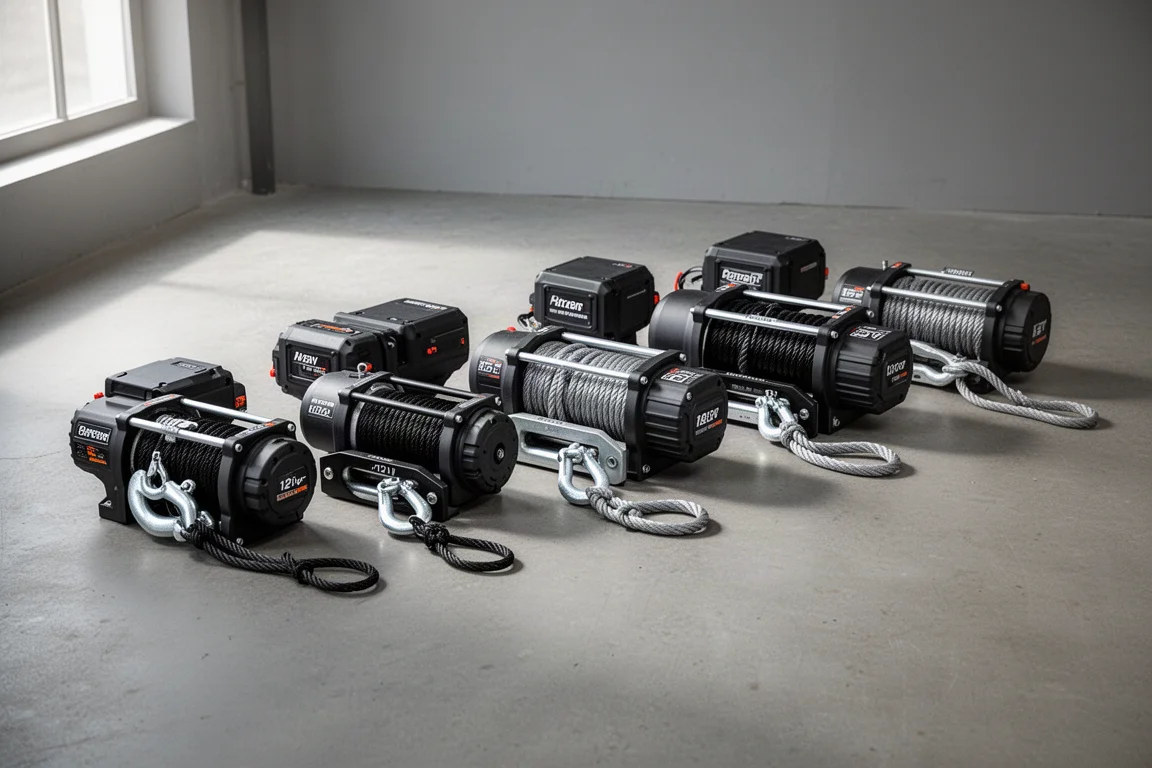 Seven electric off-road winches lined up on a concrete workshop floor