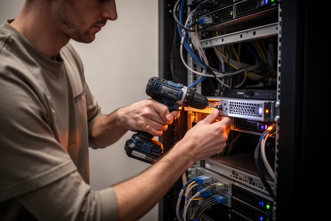 Technicien travaillant à l'intérieur d'un rack de serveurs avec un outil compact sans fil