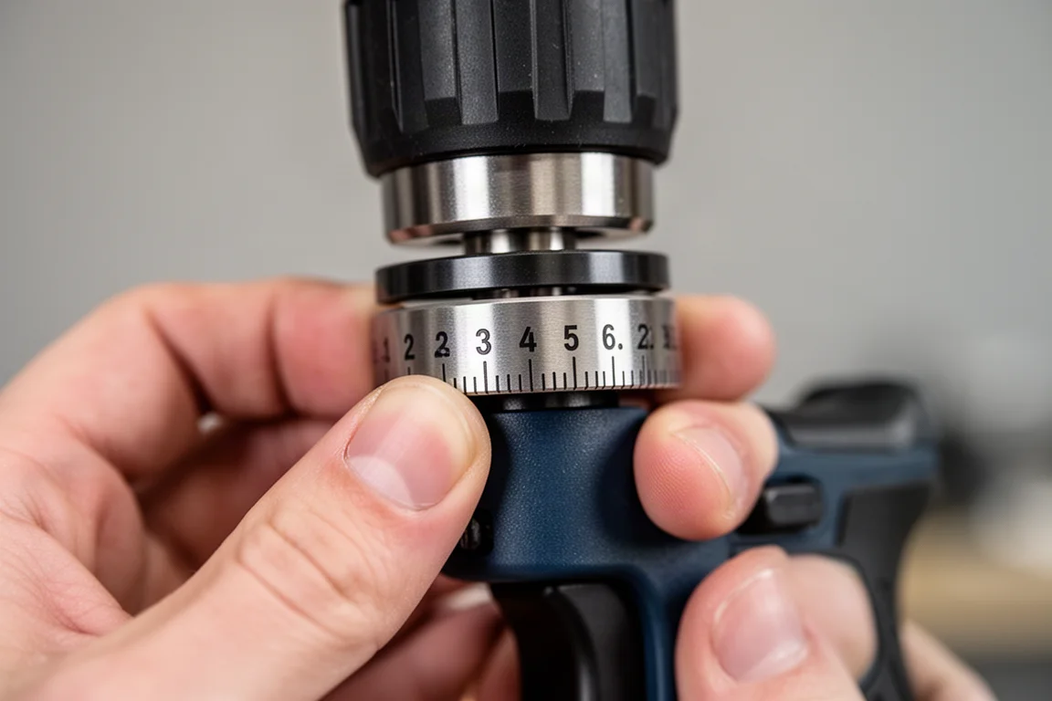 Gros plan sur la bague d'embrayage d'une perceuse compacte sans fil en cours de réglage