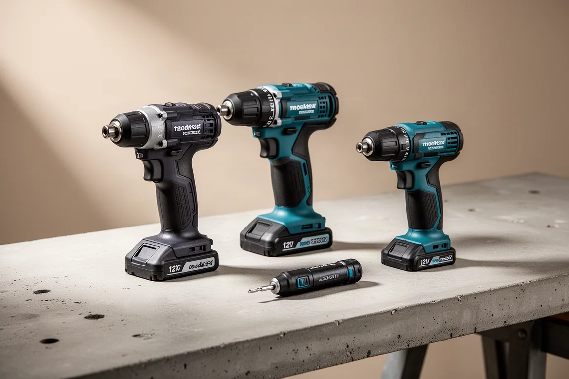 Four compact 12V cordless power tools arranged on a concrete workbench