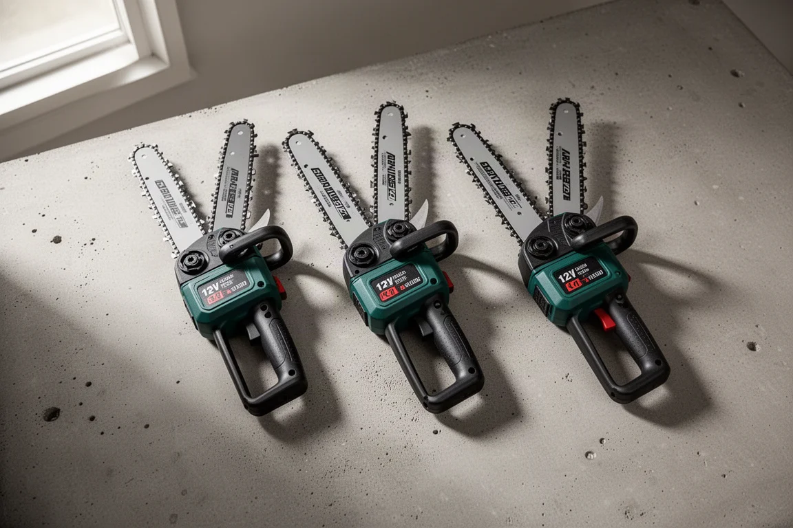 Three compact pruning chainsaws side by side on a workbench